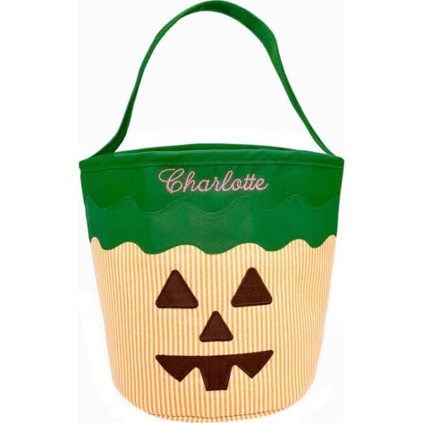 bits & bows jack o lantern pumpkin tote Halloween pumpkin treat bag with green handle.