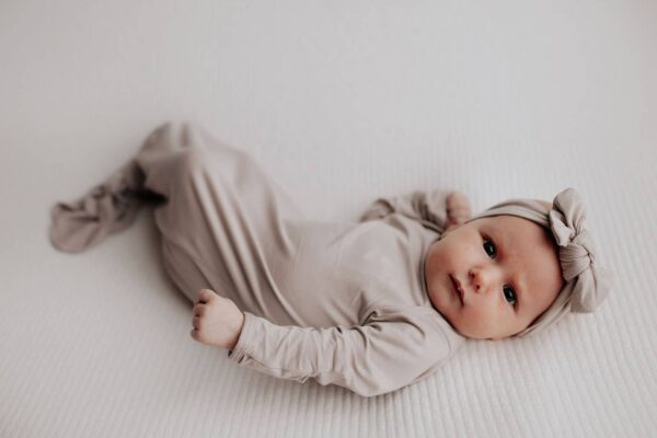 three little tots harbor mist taupe knotted gown three little tots harbor mist taupe knotted gown