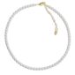 Elegant pearl necklace with gold clasp and chain.