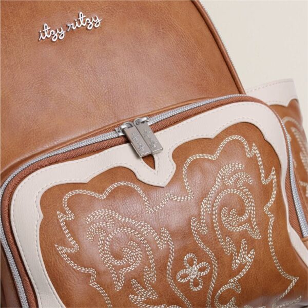 itzy ritzy nash mini plus™ backpack diaper bag Brown embroidered backpack with zipper detail