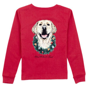 Red sweater with dog and wreath design