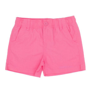 Pink kids' shorts with elastic waistband.