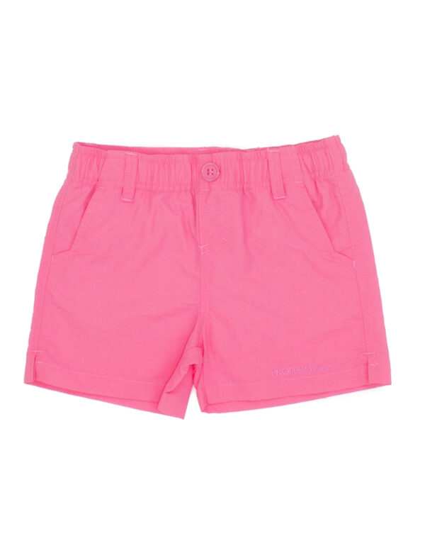 Pink kids' shorts with elastic waistband.