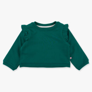 Green toddler sweatshirt with ruffled shoulders.