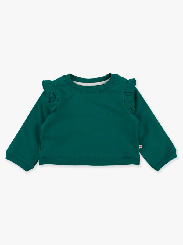 Green toddler sweatshirt with ruffled shoulders.