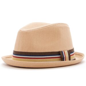 Tan fedora with colorful striped band