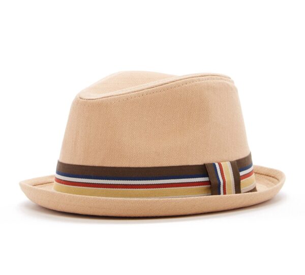 born to love knuckleheads tan fedora with stripe band Tan fedora with colorful striped band