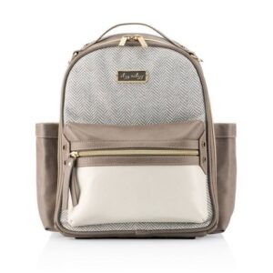 Stylish gray and beige backpack with zippers.
