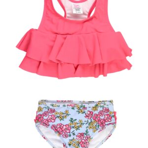 Pink ruffled swimsuit with floral bottoms for toddlers.
