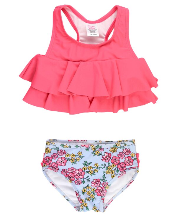 rufflebutts cheerful blossoms flounce bikini Pink ruffled swimsuit with floral bottoms for toddlers.