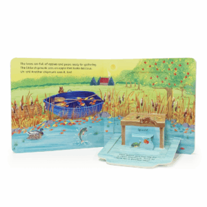 Illustrated story with animals, apples, and pond scene.