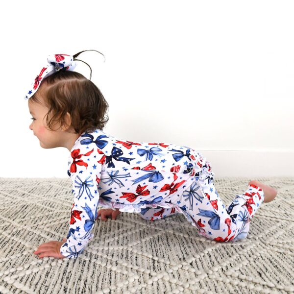 gigi and max eleanor bow clip bow 4th of july hair accessory Baby crawling in patriotic jumpsuit and headband