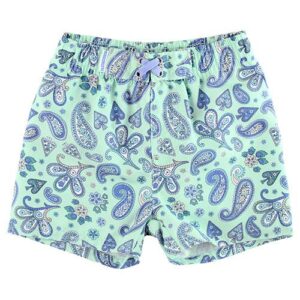 Green paisley swim trunks with adjustable drawstring.