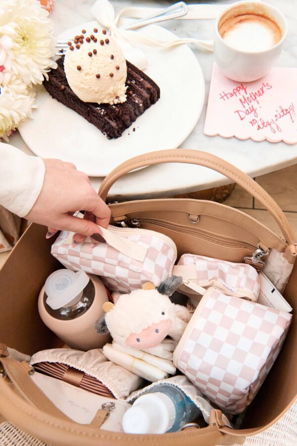 itzy ritzy *new/restocked* chai latte boss tote™ Mother's Day gift bag with dessert and coffee.
