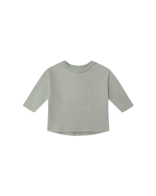 quincy mae sweat set fern Light gray long-sleeve baby shirt with buttons.
