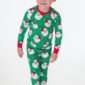 Child wearing Santa-themed green pajamas.