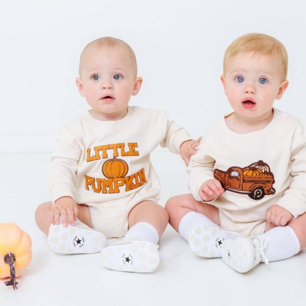 sweet wink little pumpkin patch long sleeve romper unisex Two babies in cute fall-themed outfits