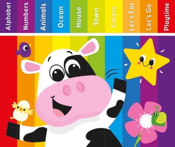 kidsbooks publishing baby's first library Cartoon cow with star, flower, snail, and birds.