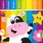 Cartoon cow with star, flower, snail, and birds.