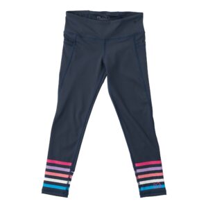 Navy leggings with colorful striped cuffs