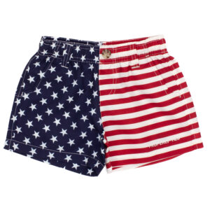 American flag pattern shorts, stars and stripes design.