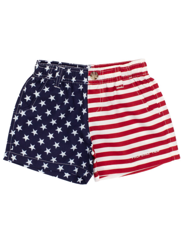 American flag pattern shorts, stars and stripes design.