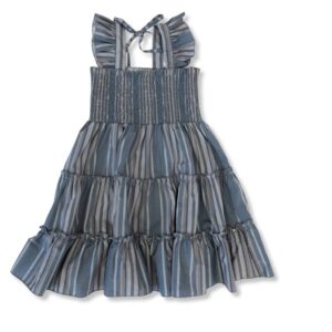 Blue striped sundress with ruffled straps and tiers.