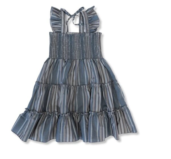 Blue striped sundress with ruffled straps and tiers.