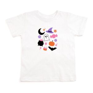 Halloween-themed shirt with ghost, bat, pumpkin icons.