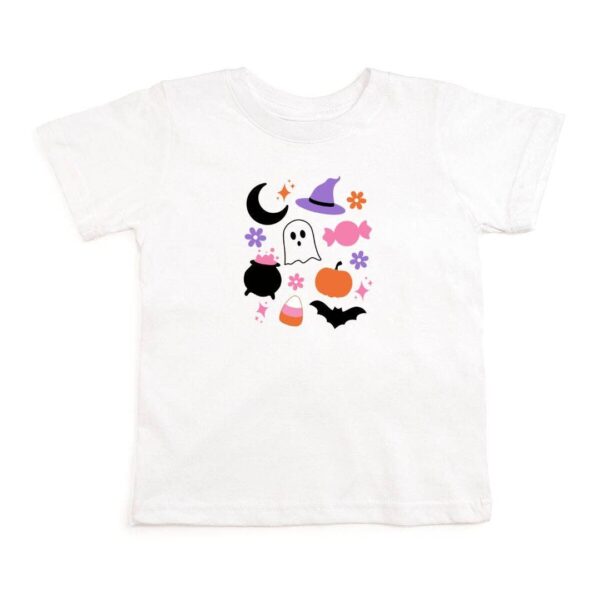 Halloween-themed shirt with ghost, bat, pumpkin icons.