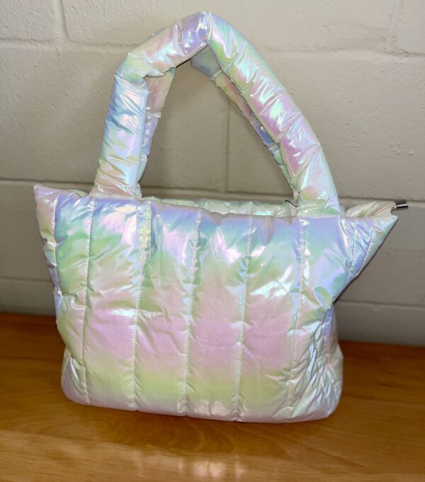 ml kids iridescent white overnight bag Iridescent puffer tote bag on wooden surface