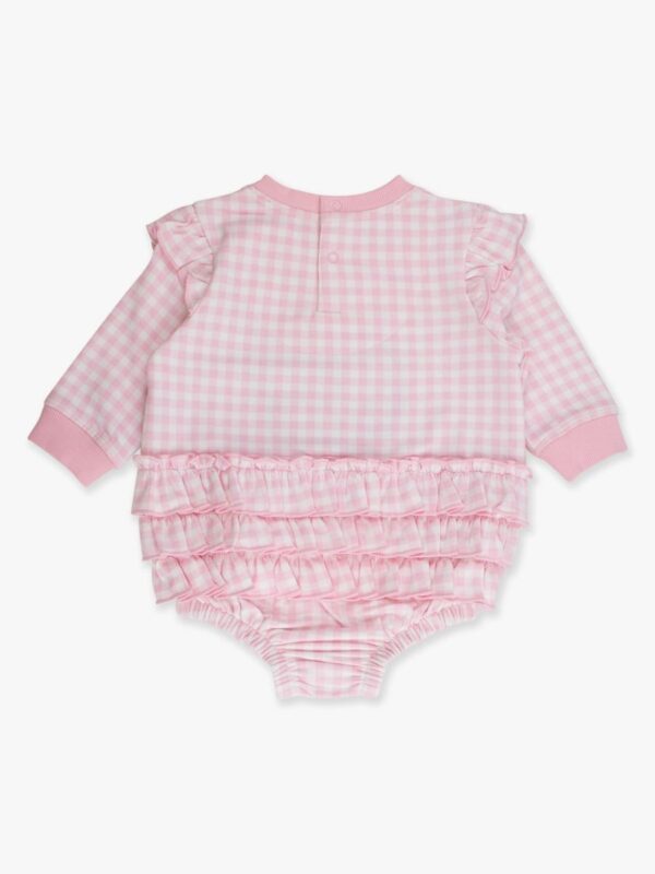 rufflebutts pink gingham santa applique romper Pink gingham baby romper with ruffled back