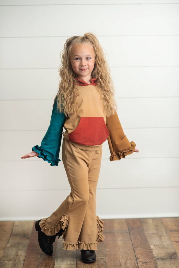 oopsie daisy kids rust & brown color block hooded ruffle pocket fall set Child modeling colorful outfit with ruffle details