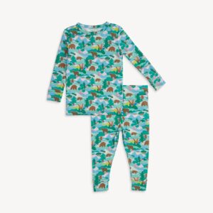 Kids' pajamas with bear forest print.