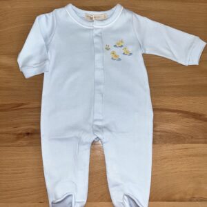 Blue baby onesie with duck embroidery on chest.