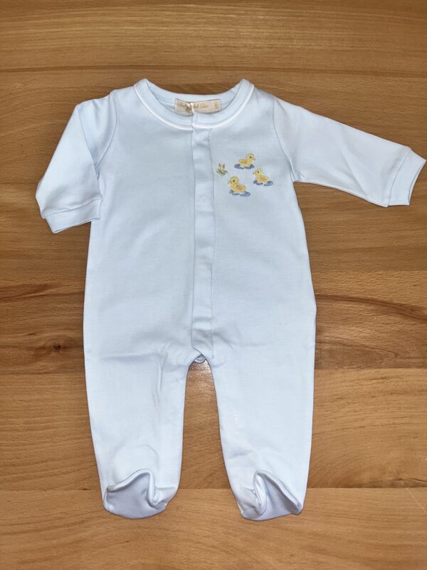 Blue baby onesie with duck embroidery on chest.