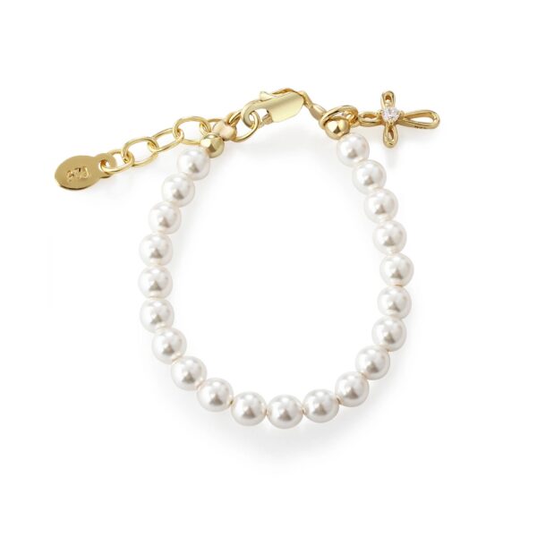 cherished moments kids14k gold plated baptism cross bracelet or communion gift Pearl bracelet with gold clasp and charm