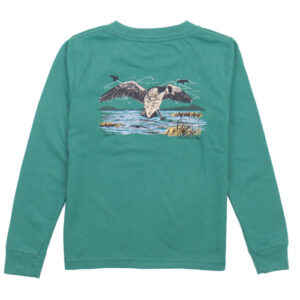 Green shirt with flying bird print on back.