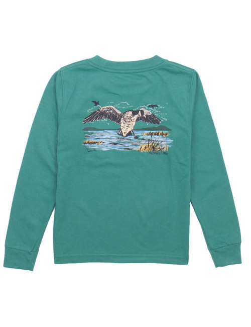 properly tied geese landing Green shirt with flying bird print on back.