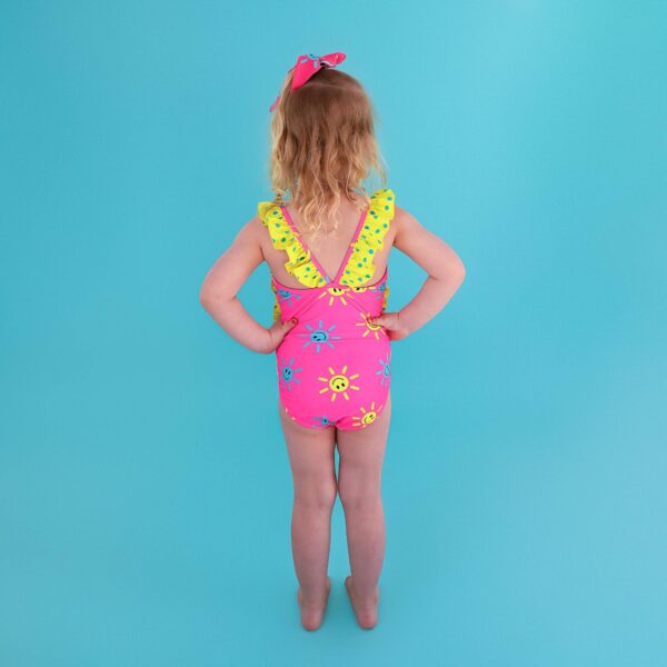 gigi and max brittany smiley face tank one piece swimsuit Child in colorful swimsuit on blue background