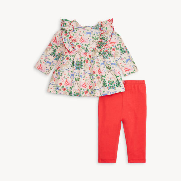 magnetic me dress and legging set sugar plum Festive toddler outfit with colorful top and red pants.