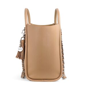 Tan handbag with tassel and silver chain details.