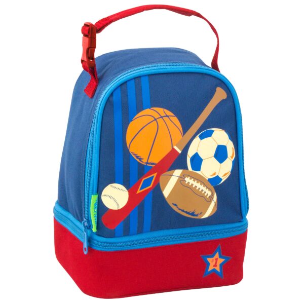 stephen joseph gifts lunch pals Blue lunch bag with sports equipment design