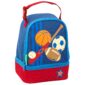Blue lunch bag with sports equipment design