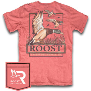 Red shirt with flying ducks design and Roost logo.