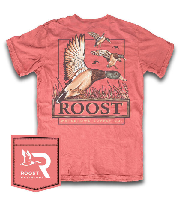 Red shirt with flying ducks design and Roost logo.