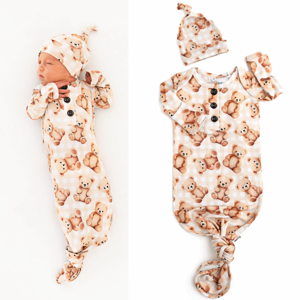 gigi and max teddy gown newborn bamboo bear outfit baby gift Baby in teddy bear outfit with matching hat.