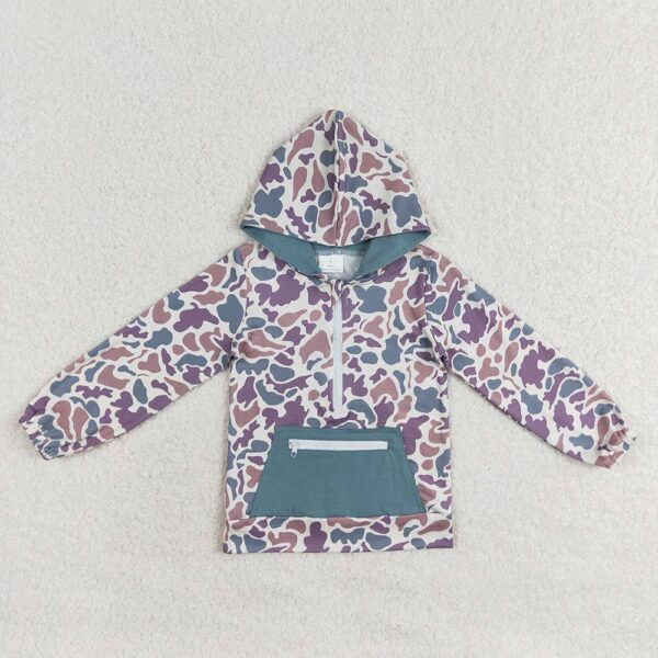 aier wholesale green camo half zip lightweight hoodie Colorful camouflage hoodie with front pocket.