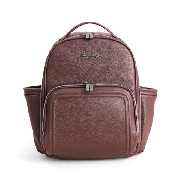 itzy ritzy *new* espresso itzy mini plus™ Brown leather backpack with multiple compartments.