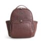 Brown leather backpack with multiple compartments.